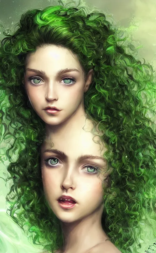 Image similar to a young woman with wild, curly hair and bright green eyes. she's wearing a flowing dress made of light, airy fabric and she has a mischievous look on her face, dynamic lighting, photorealistic fantasy concept art, trending on art station, stunning visuals, creative, cinematic, ultra detailed