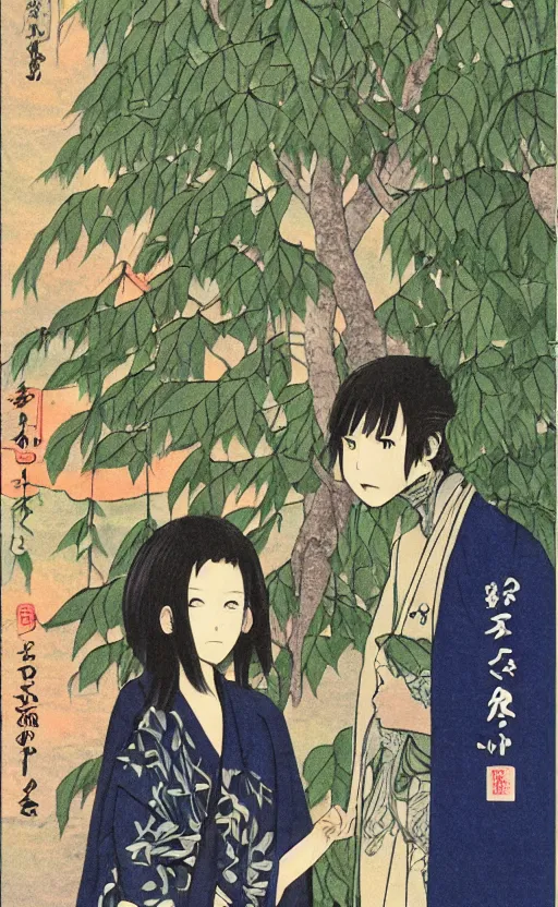 Prompt: by akio watanabe, manga art, girl next to male writer, willow tree and hill, trading card front, kimono, realistic anatomy, sun in the background