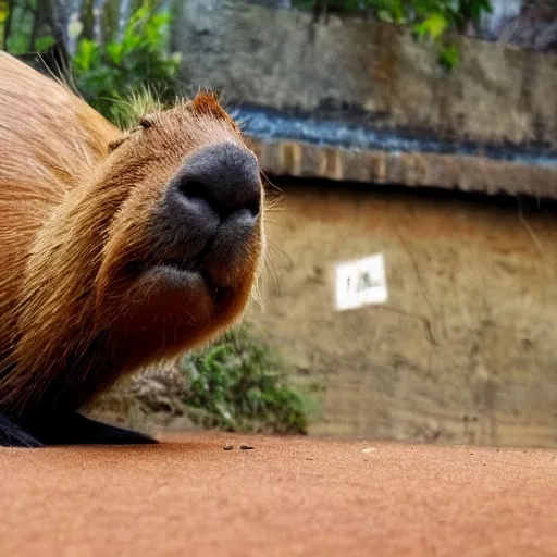 Image similar to photo of a capybara pointing a gun at you