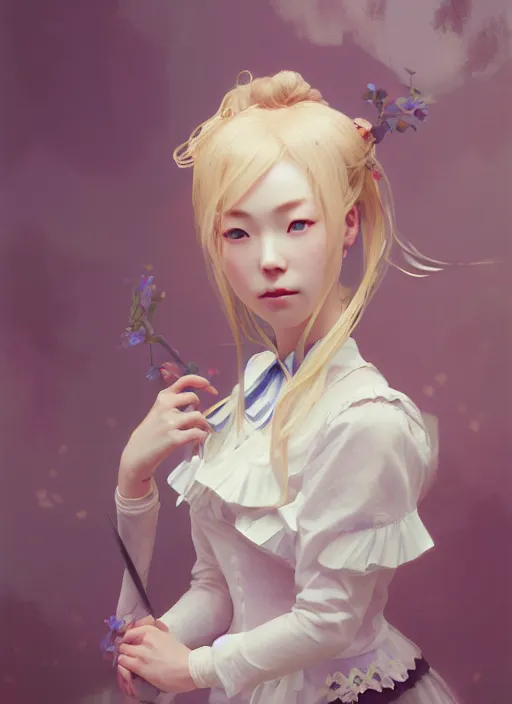 Image similar to symmetry!! portrait of a pretty japanese girl with blonde hair dressed as a french maid, elegant, highly detailed, digital painting, 8 k, concept art, smooth, sharp focus, illustration, ethereal, misty, octane render, by ruan jia and jeremy mann and alphonse mucha