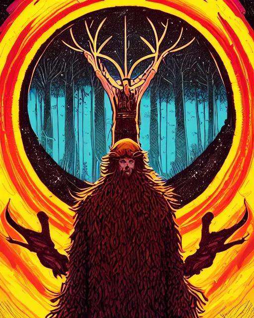 Image similar to a druid standing in a circle at the beginning of the world by dan mumford