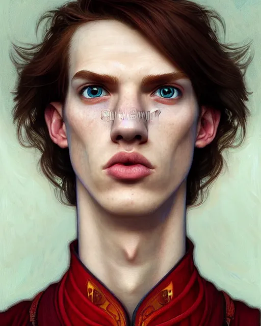 Image similar to symmetry!! portrait of tall, thin, 1 5 - year - old boy with a long nose, a lot of freckles, fiery red hair, and bright blue eyes, fantasy, intricate, highly detailed, digital painting, artstation, concept art, smooth, sharp focus, illustration, art by artgerm and greg rutkowski and alphonse mucha