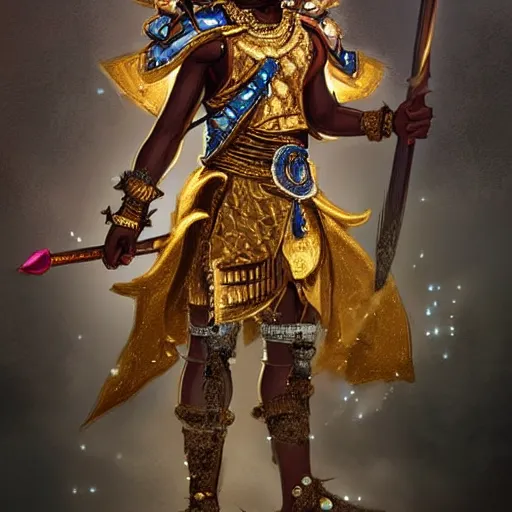 Prompt: a young black boy dressed like an african moorish warrior, wearing golden armor and a crown with a ruby and a black diamond in his forehead, posing with a very ornate glowing electric spear!!!!!!!!, for honor character digital illustration portrait design, by noah bradley and android jones in a dark fantasy style, dramatic lighting, hero pose, wide angle dynamic portrait