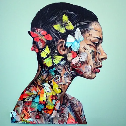 Prompt: Cloudy head, A beautiful face bursting into butterflies. Time goes by as the wind flows by. by Sandra Chevrier intuitive