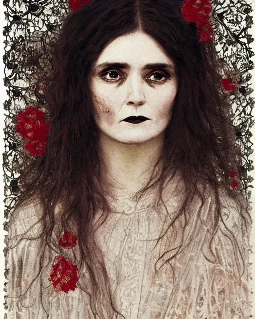 Prompt: a beautiful but sinister girl who looks like shirley henderson in layers of fear, wearing goth lace, with fierce eyes and wild hair, 1 9 7 0 s, seventies, floral wallpaper, delicate embellishments, a little blood, crimson, painterly, offset printing technique, by jules bastien - lepage