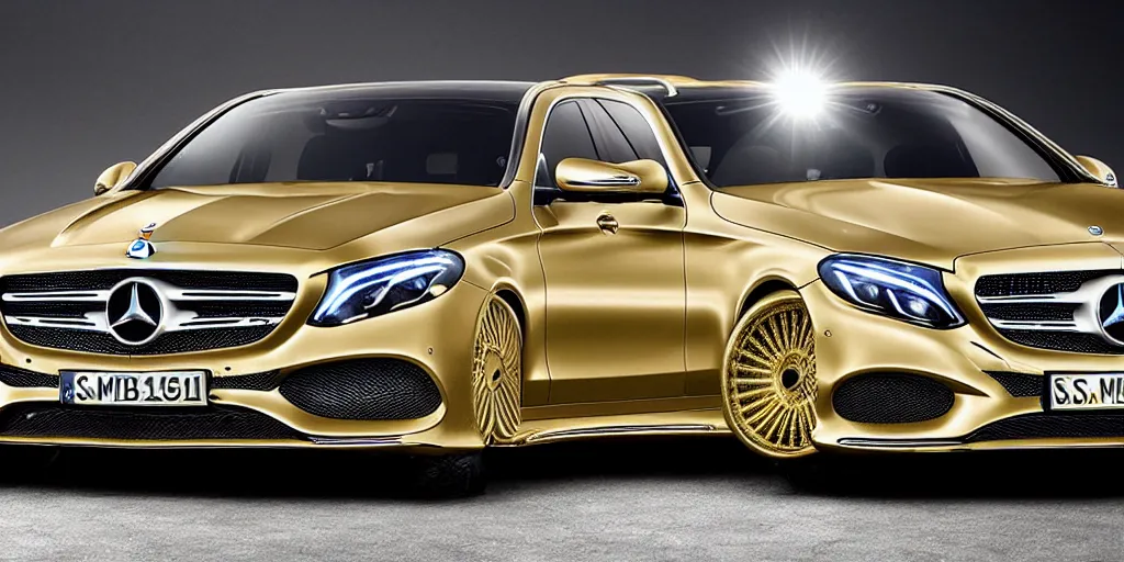 Prompt: a mercedes studded with diamonds, luxurius, premium, gold plated