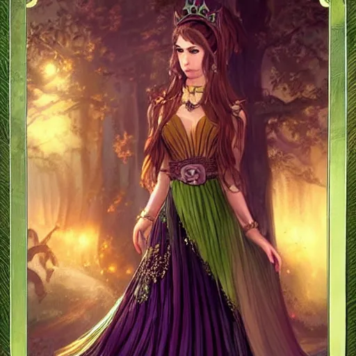 Prompt: A beautiful Queen of the Fae with brown hair wearing an all-green-pleated dress and a silver diadem, Magic the Gathering card art