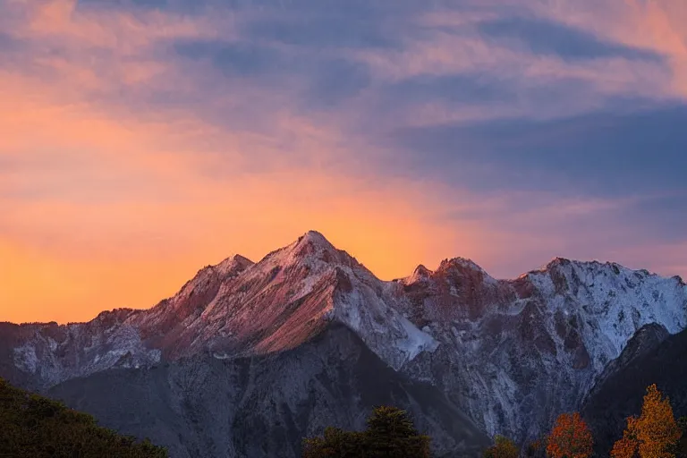 Image similar to tall mountains, sunset, photograph, ultra realistic