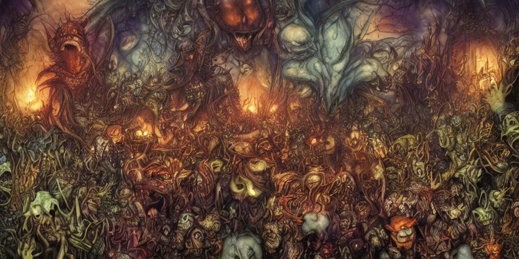 Image similar to ultra-wide view of the most awesome monster party by brian froud and arthur rackham, devils, demons, multiverse, ghosts, witches, pumpkins, dripping, hyper-realistic, bright and colorful, octane render, 8k, extremely detailed, iridescent, photorealistic, horror, gritty, zbrush art, extreme details, cinematic