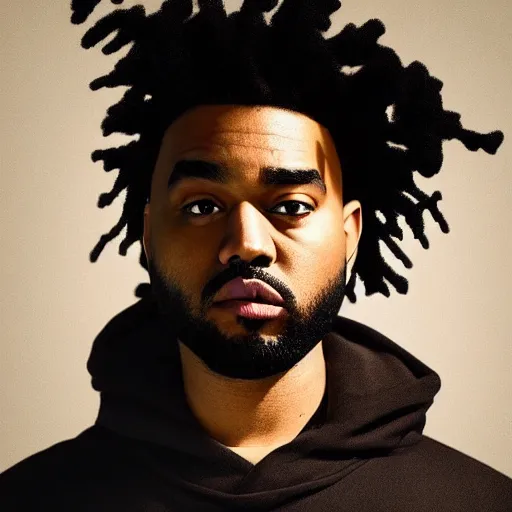 Image similar to a fusion between joji the weeknd and kanye west, looking at the camera, realistic, 4 k, hdr, grainy