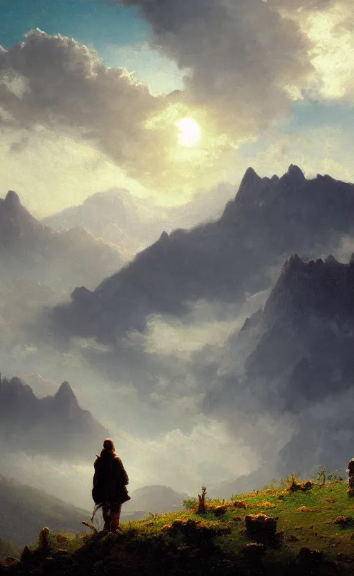 Image similar to a traveler wandering through the mountains looking at the clouds, very detailed, focused, oil painting, cinematic lighting, Albert Bierstadt, trending on Artstation