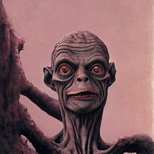 Image similar to gollum smeagol grotesque, ultra detailed, ultra realistic, by beksinski