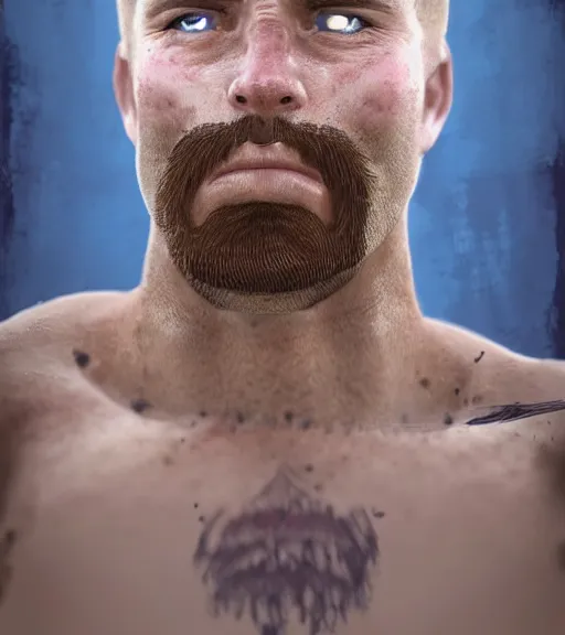Prompt: portrait of muscular, tired and alcoholic 3 0 - year - ol 5 grieving man with short darkblonde hair, serious sad look in his eyes, looking down, dirty beard, blue eyes, crying tears, wearing dirty soldier uniform, on the desert, sad atmosphere, hyper realistic face, character art, art by mark brooks, cryengine, trending on artstation, digital art