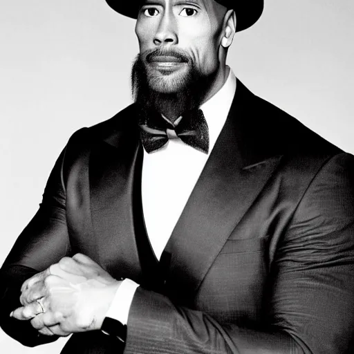 Prompt: Dwayne The Rock Johnson with a beard in the 1800s wearing a suit and a top hat with his arms around his waist