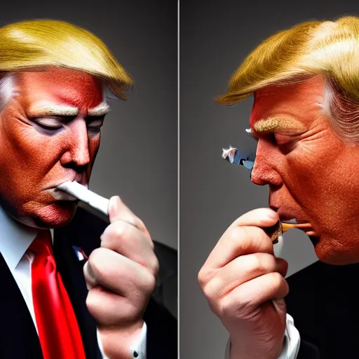 Image similar to a high detail photo of donald trump smoking a cigarrette, subject= donald trump, subject detail: extremly detailed, subject action: smoking a cigar, photorealism, dramatic lighting, award winning photograph, trending on artstation