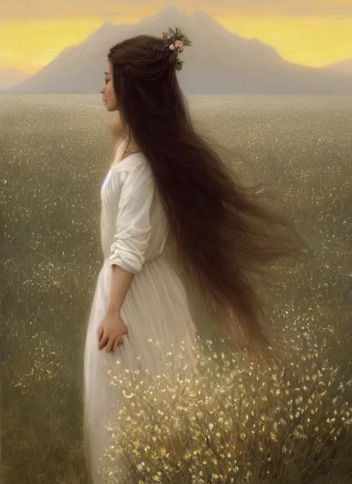 Image similar to oil painting portrait of a young woman with long dark flowing hair in a dress made of white flowers, dancing levitating floating over a field of flowers at sunset with mountains in the background, hazy, digital art, chiaroscuro, artstation, cinematic, golden hour, digital art painting by greg rutkowski, bouguereau, japanese scifi, hazy atmosphere, flowers, cinematic lighting