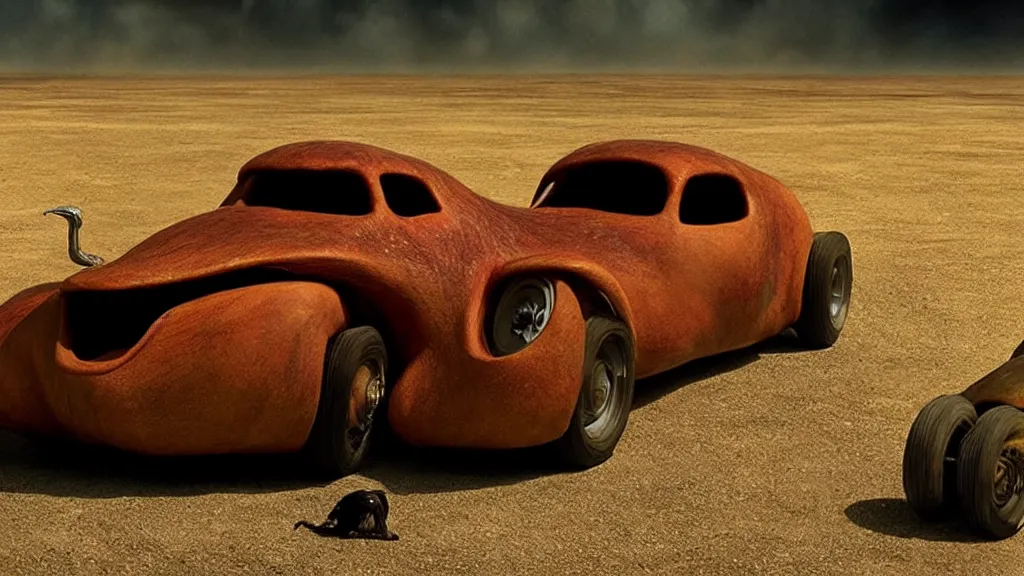 Prompt: the creature drives a hot rod, made of wax and water, film still from the movie directed by Denis Villeneuve with art direction by Salvador Dalí, wide lens
