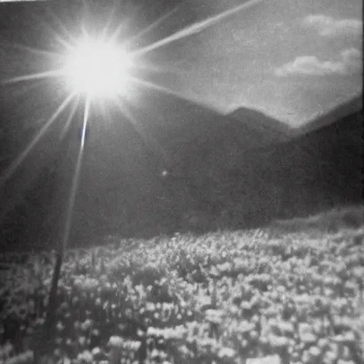 Image similar to a very bright flash in the sky, taken on a ww 2 camera, very high bloom ammount, realistic.