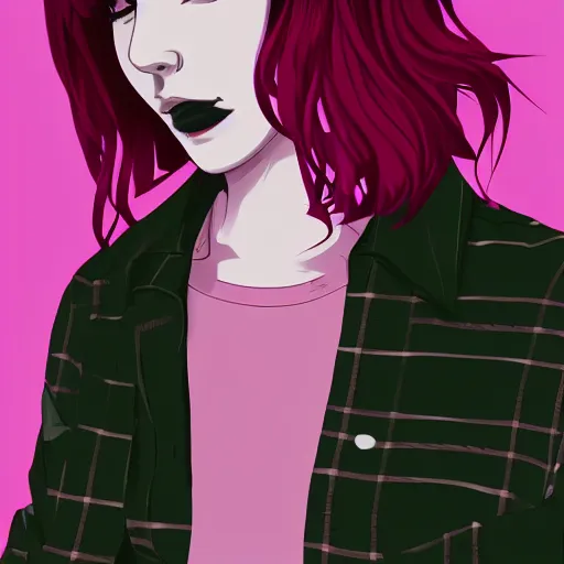 Prompt: full headshot portrait of Lana del ray punk, digital art, short pink hair, drawn by WLOP, by Avetetsuya Studios, anime manga panel, trending on artstation, wearing a plaid shirt