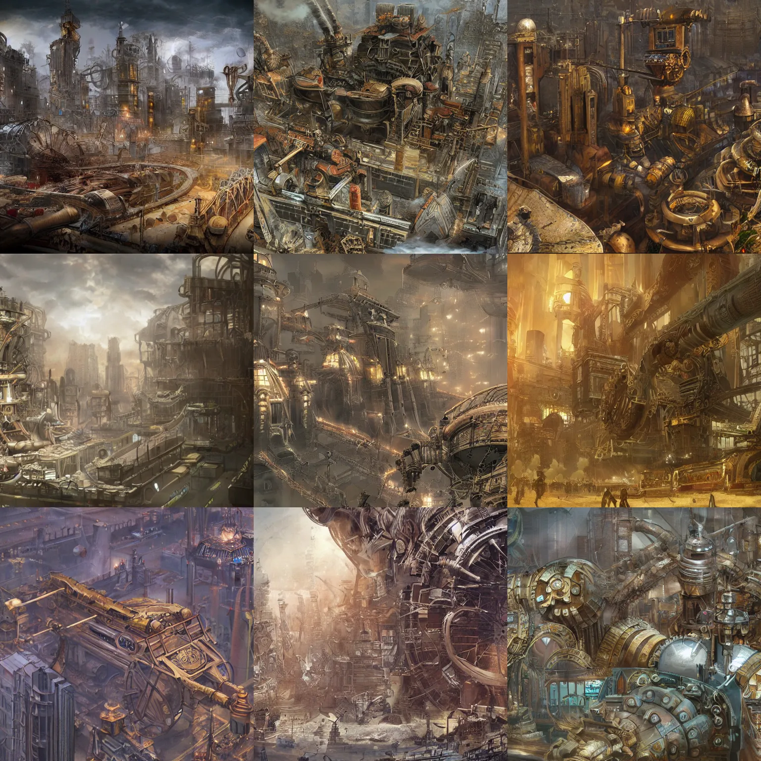 Prompt: enormous city-sized complicated steampunk machinery, epic, 4k, concept art, detailed