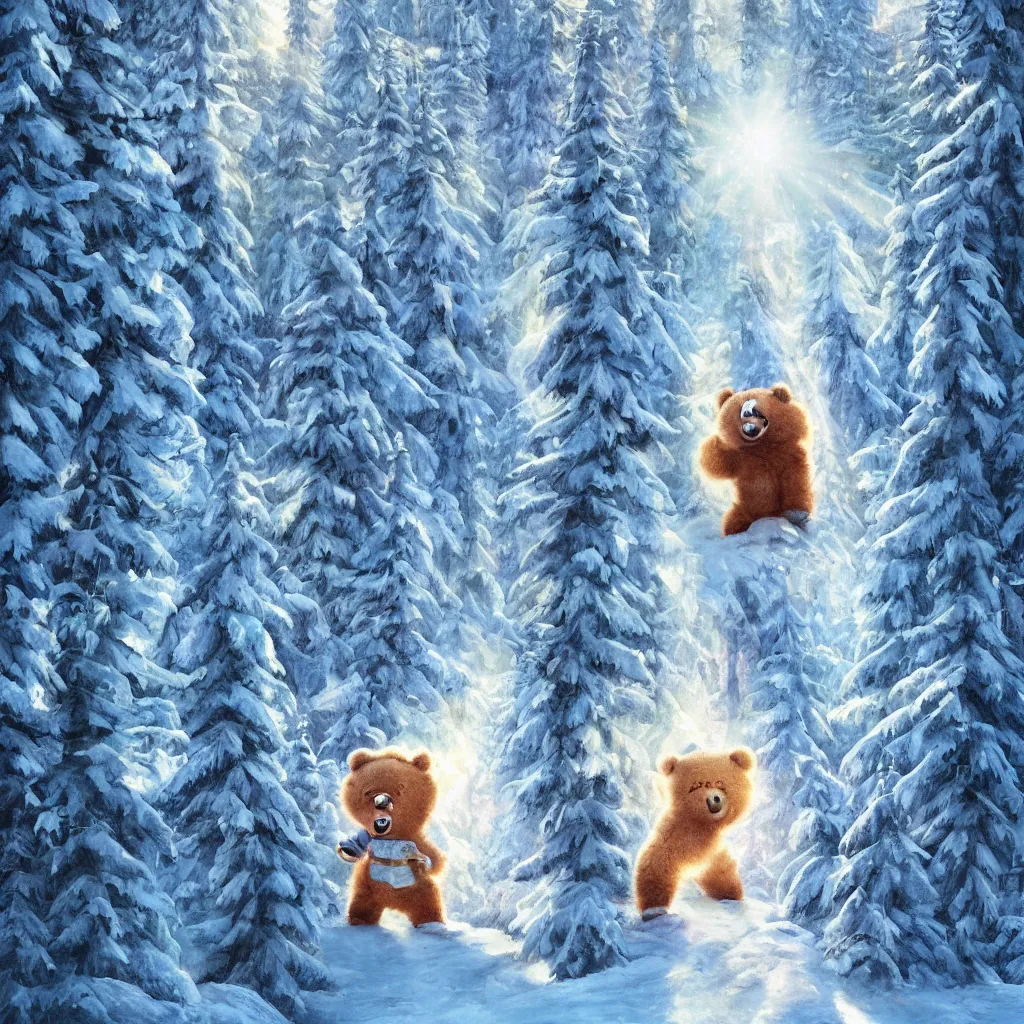 Image similar to a cute humanoid fluffy fur bear cub standing on ski skiing down the hill through a snowy forrest in, light rays are shining through the trees above, magical environment, beautiful light. trending on artstation 4 k award in winning artwork. vivid colors. detailed painting. kids book illustration.