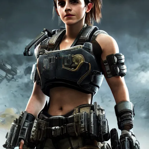 Image similar to emma watson in gears of war destiny 2 overwatch witcher 3 god of war tomb raider cyberpunk 2 0 7 7 doom, highly detailed, extremely high quality, hd, 4 k, professional photographer, 4 0 mp, lifelike, top - rated, award winning, realistic, detailed lighting, detailed shadows, sharp, edited, corrected, trending