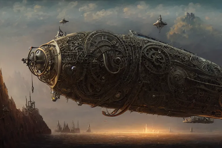 Prompt: steampunk zeppelin, concept art, intricate and detailed environment, intricate lining, artstation, trending, sharp focus, cinematic lighting by feng zhu, shaddy safadi, noah bradley, tyler edlin, jordan grimmer, darek zabrocki, neil blevins, tuomas korpi