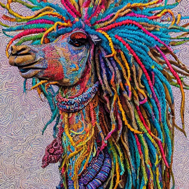 Image similar to llama with dreadlocks, colorful, detailed, by ernst haeckel, james jean, el anatsui, mandy jurgens