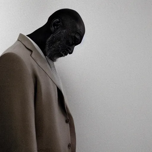 Prompt: Photo of a stern man in a beige peak lapel suit with a sad and melancholic look, grieving, chiaroscuro, facing the camera, closeup shot, cinematic promo material, by Beksiński Zdzisław