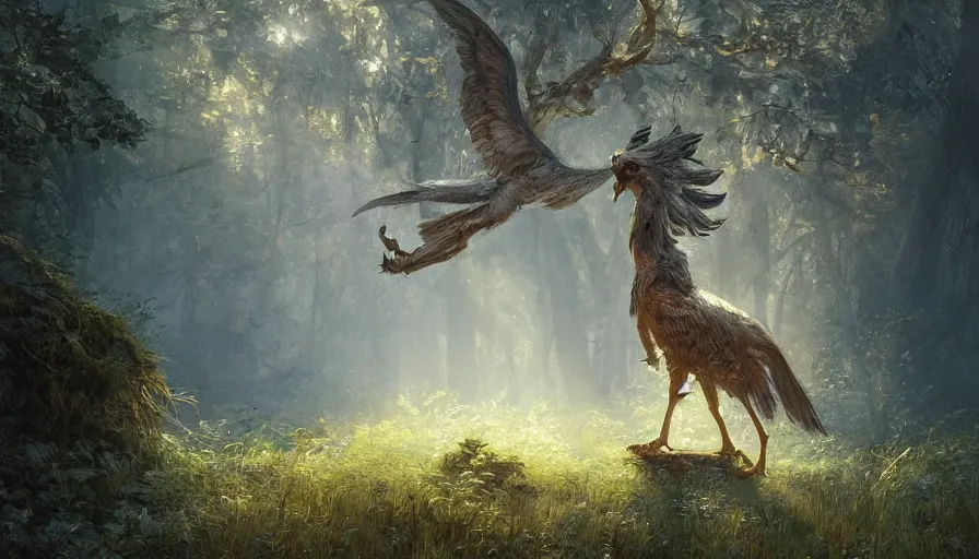 Image similar to A beautiful detailed painting of a griffin in a magical forest, ray traced sun light, by Greg Rutkowski and Kalin Popov , Trending on artstation HD.