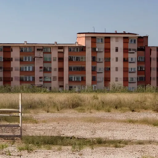 Image similar to A post-soviet average Polish residential block standing alone in the middle of an empty desert, sunny weather