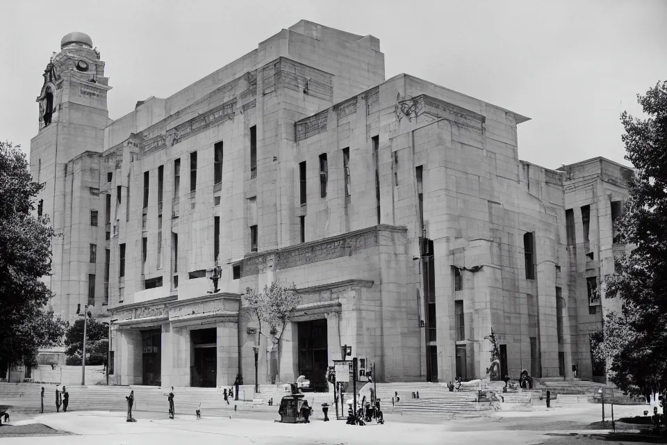 Prompt: a black and white photograph of an enormous building, official courthouse, statues looking down on the gigantic door, art déco architecture, long shot,