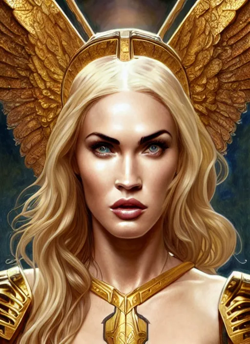 Image similar to portrait of megan fox as an armored angel, blonde hair, wings, bible, corona, gold, jewelry, intricate, headshot, highly detailed, digital painting, artstation, concept art, sharp focus, cinematic lighting, illustration, art by artgerm and greg rutkowski, alphonse mucha, cgsociety