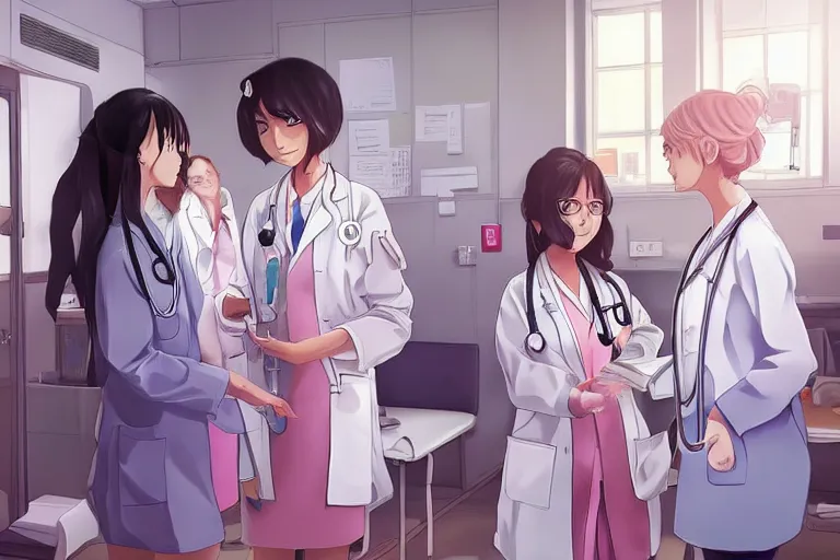 Image similar to a beautiful young female doctor wearing white coat are talking with a nurse wearing pink coat in a hospital ward, highly detailed, digital painting, slice of life anime, illustration, anime scenery by Makoto shinkai