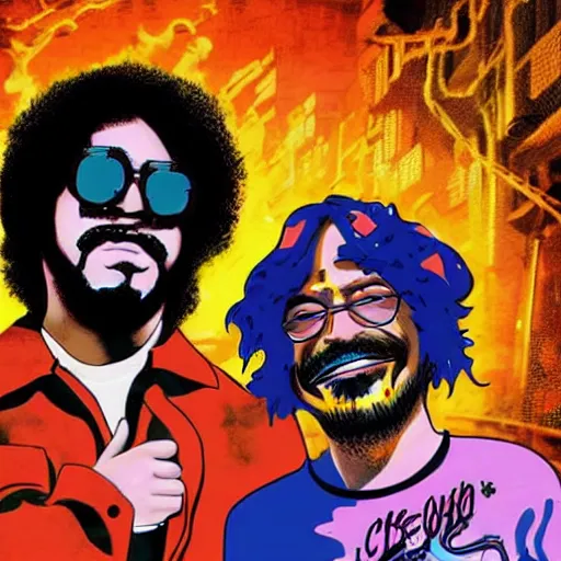 Image similar to cyberpunk cheech and chong, up in smoke,