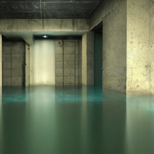 Prompt: dark flooded empty basement, ambient light, hyper realistic, 3 d render, highly detailed, liminal, flooded