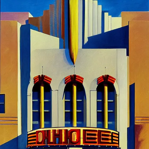 Prompt: art deco movie theater palace, dramatic light, painting by charles sheeler