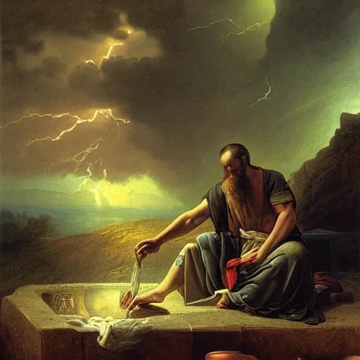 Prompt: A biblical painting of Jacob Washing dishes next to a window by Gustave Doré, Scenic, Dramatic, lightning storm in background