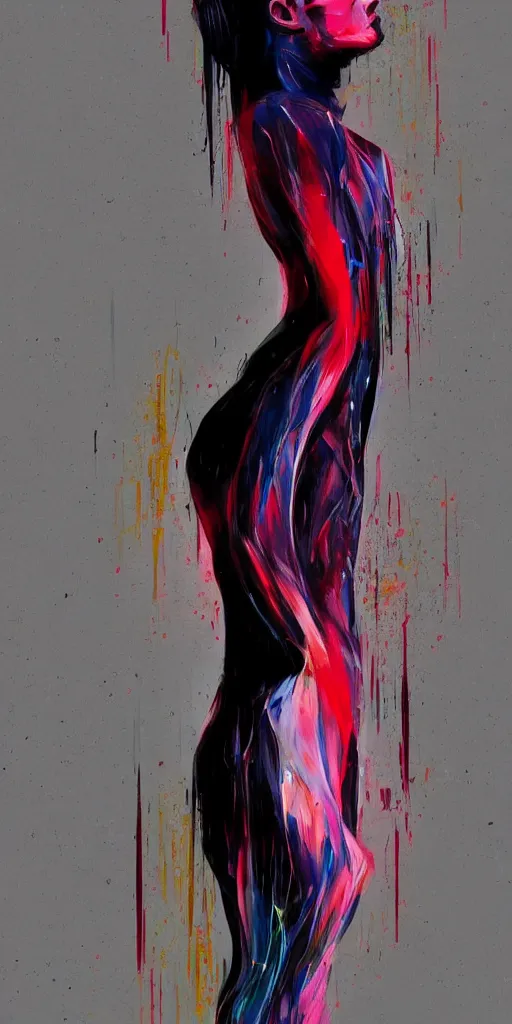 Image similar to abstract flowing brush strokes of the torso of one thin athletic man posing dramatically with no face, closeup, matte paint colors, conrad roset, dark abstract background, painting trending on artstation