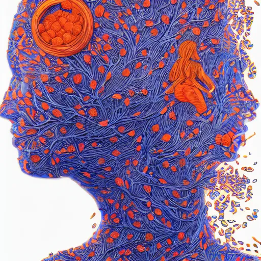 Image similar to the head of an incredibly gorgeous woman partially made of carrots and blueberries looking down, an ultrafine detailed illustration by james jean, final fantasy, intricate linework, bright colors, behance contest winner, vanitas, angular, altermodern, unreal engine 5 highly rendered, global illumination, radiant light, detailed and intricate environment