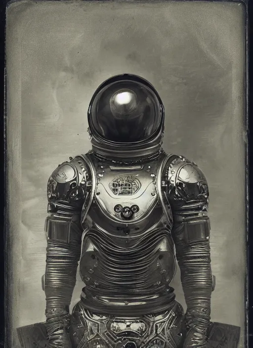 Image similar to old wetplate daguerreotype portrait of a futuristic silver armored space astronaut, fractal, intricate, elegant, highly detailed, parallax, leica, medium format, subsurface scattering, by jheronimus bosch and greg rutkowski and louis jacques mande daguerre