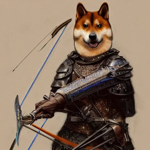 Prompt: anthropomorphic shiba inu, holding medieval crossbow, medieval armor, dark aura, fantasy, dark graveyard scene, portrait art by donato giancola and greg rutkowski, realistic face, digital art, trending on artstation, symmetry