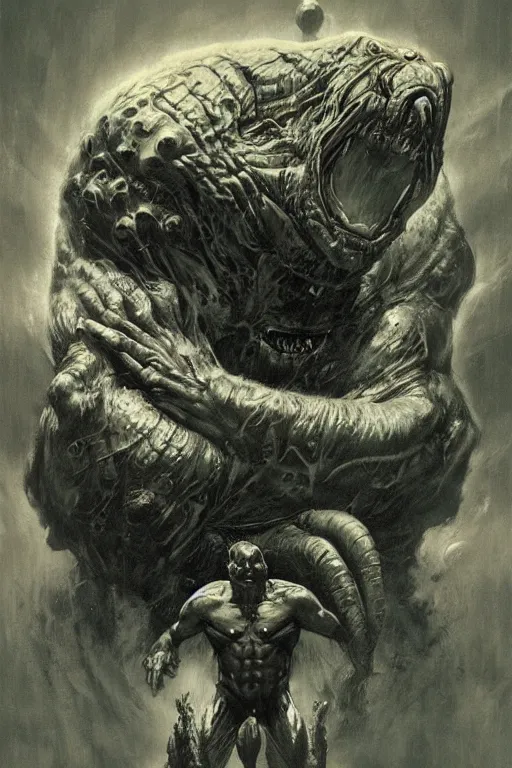 Image similar to eddie hall as extraterrestrial beast by jack kirby, norman rockwell, wayne barlow, sergey krasovskiy, zdzislaw beksinski, artstation creature