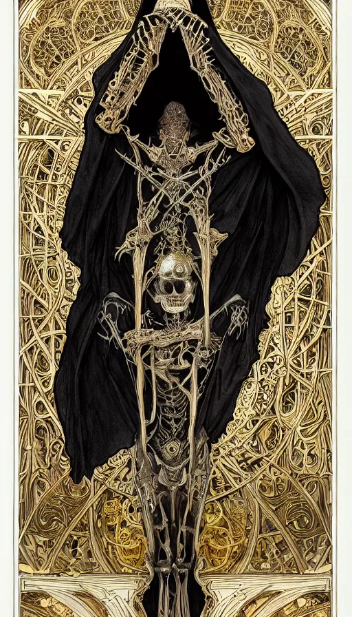 Image similar to a skeleton in a black cloak, highly detailed, very intricate, art nouveau, gold filigree, left right symmetry, tarot concept art watercolor illustration by mandy jurgens and alphonse mucha and alena aenami, featured on artstation