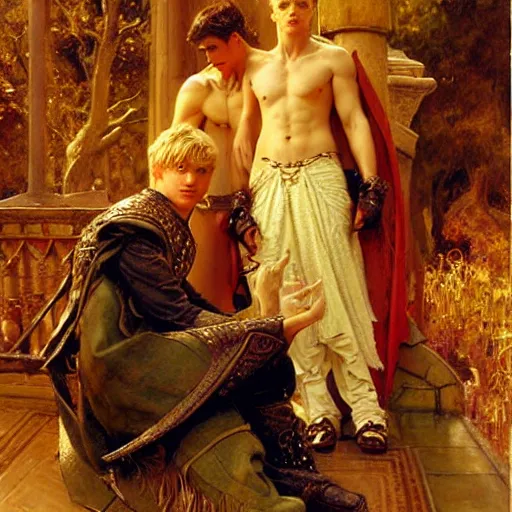 Image similar to attractive, arthur pendragon in love with attractive male, merlin the mage. highly detailed painting by gaston bussiere, craig mullins, j. c. leyendecker