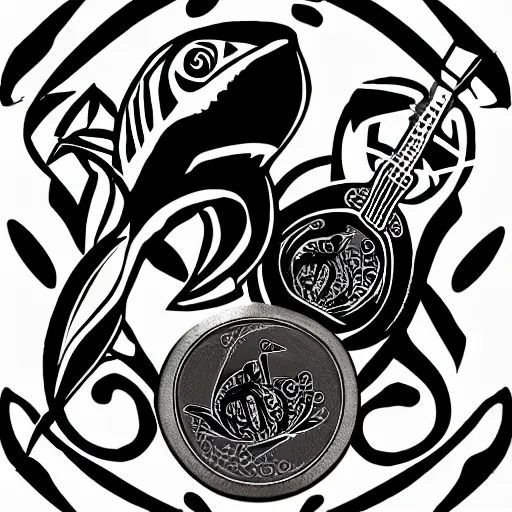 Prompt: Shark and guitar, roses and coins on the background logo, black and white, maori style