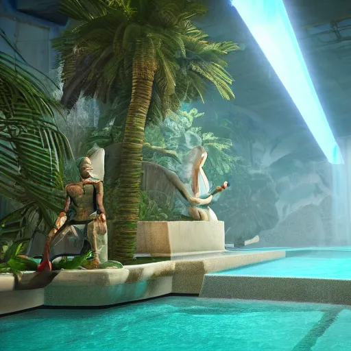 Image similar to a hyperrealistic 3 d render of a crumbling statue in a surreal underground swimming pool surrounded by palm trees and neon lights, vaporwave, unreal engine, octane render, dramatic lighting, volumetric lighting, ultra detailed, photorealistic