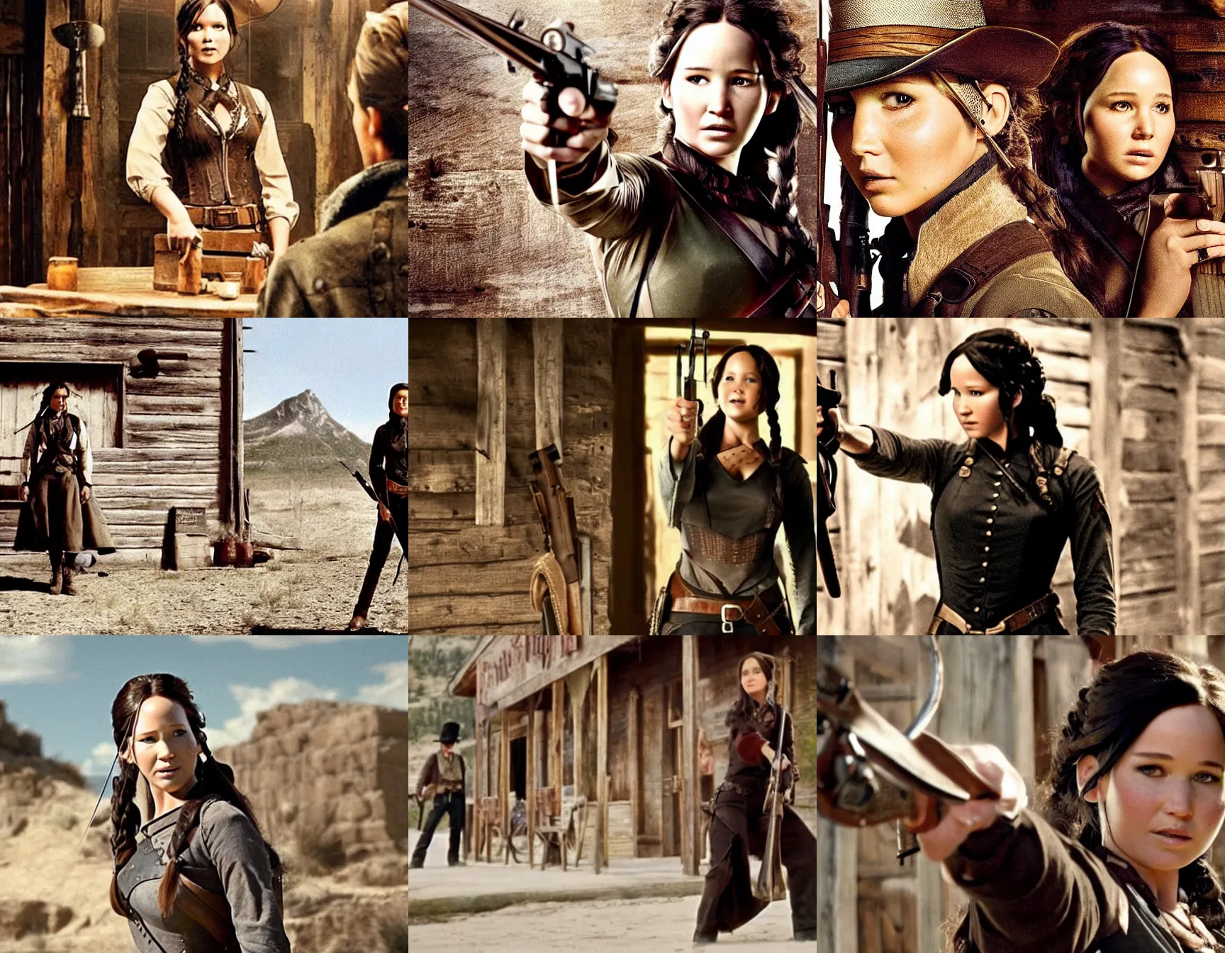 Prompt: ( katniss everdeen ) as a wild west cowgirl!!!!!!!!!!, holding a revolver, outside a saloon, in a wild west town, film still from true grit ( 2 0 1 0 )