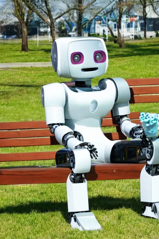 Prompt: a robot sitting on a bench eating ice cream
