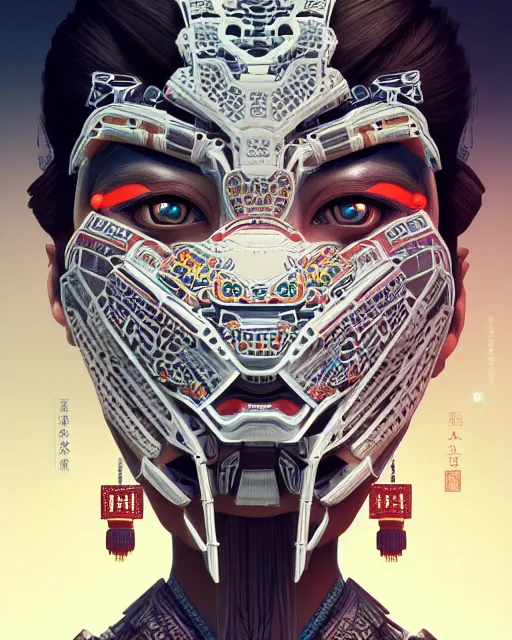 Image similar to symmetry!! portrait of a machine from horizon zero dawn, machine face, decorated with chinese opera motifs, asian, asian inspired, intricate, elegant, highly detailed, digital painting, artstation, concept art, smooth, sharp focus, illustration, art by artgerm and greg rutkowski and alphonse mucha, 8 k